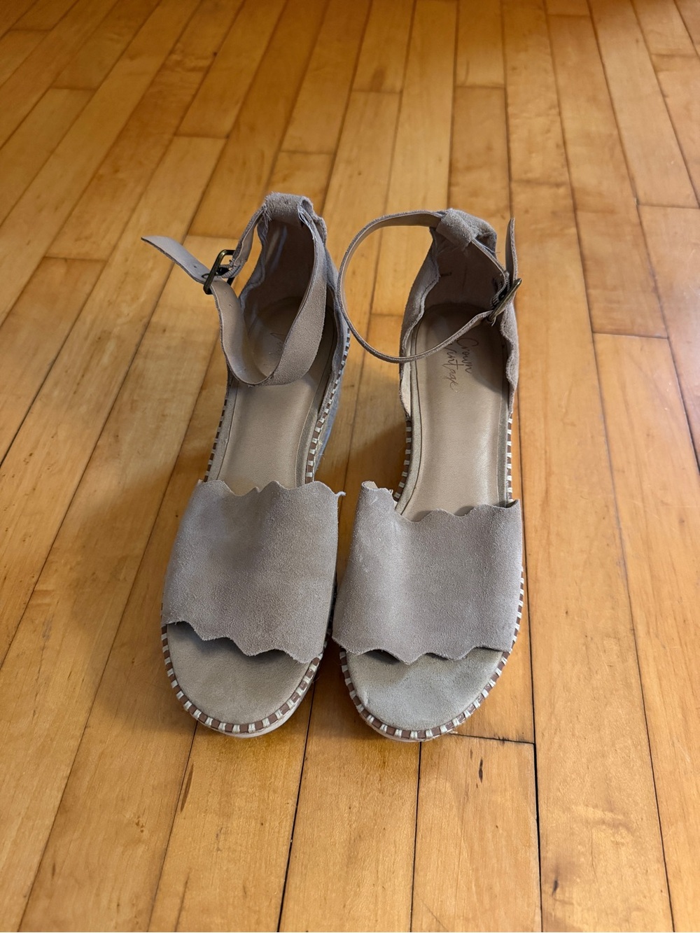Crown Vintage Scalloped Ankle-Strap Wedges - Taupe